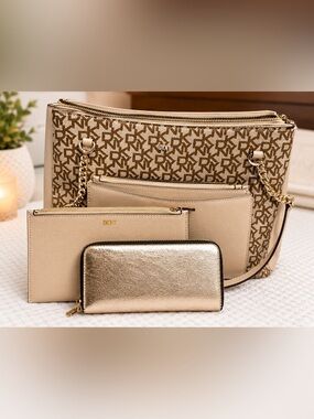 DKNY Signature Logo Tote Bag 3 Piece Set Beige Brown Chain Strap Large Purse